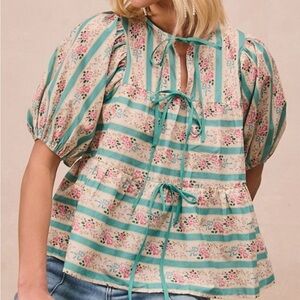 BiBi Teal and Pink Floral Striped Blouse